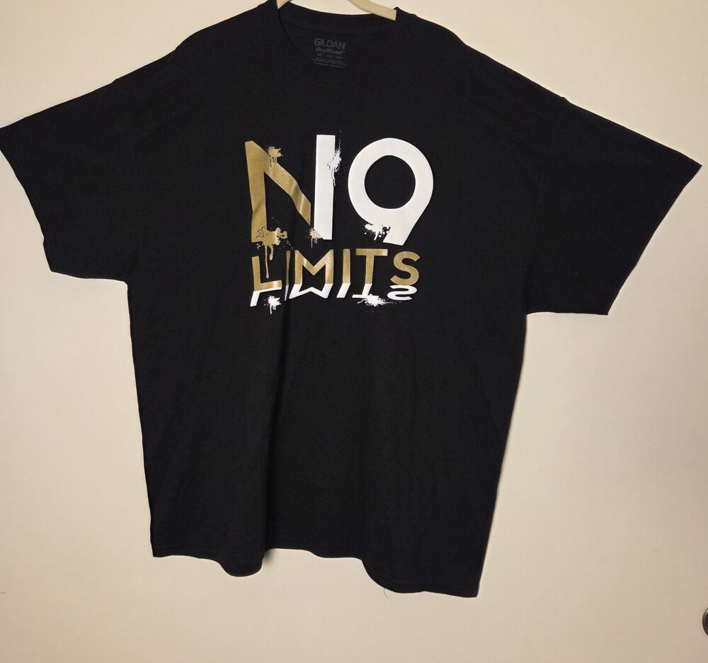 Gildan DryBlend Men's XXL Black Graphic T-Shirt No Limits Distressed Gold White